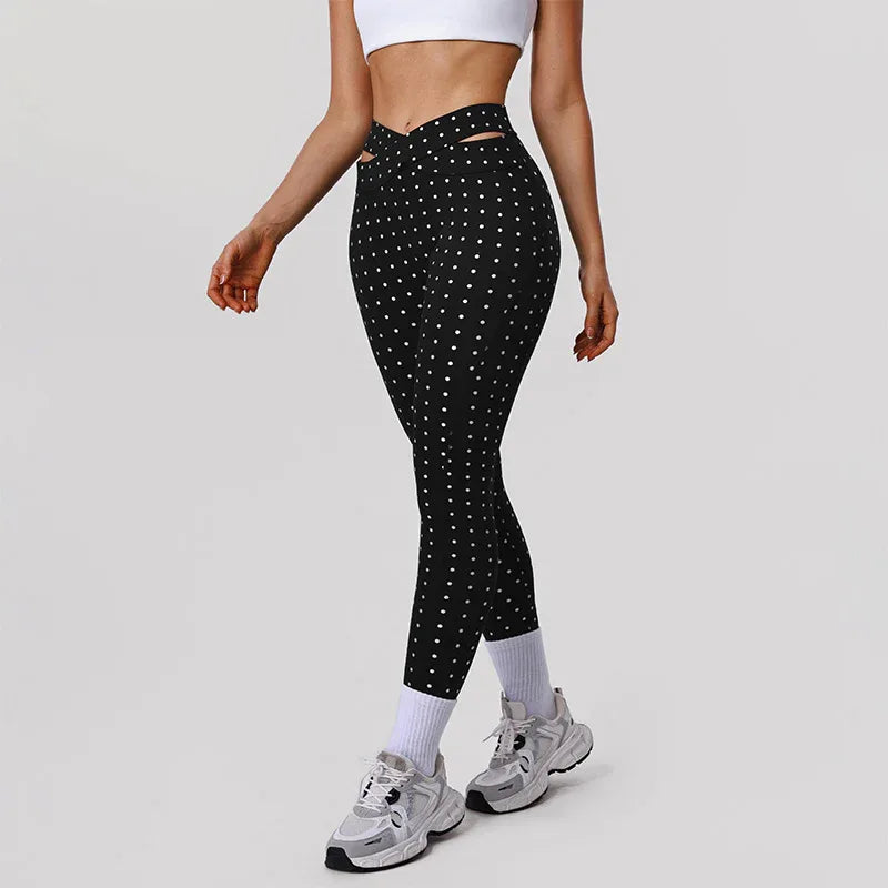 Silver Polka Dot Yoga Leggings Cross-cut Black Workout Pants -