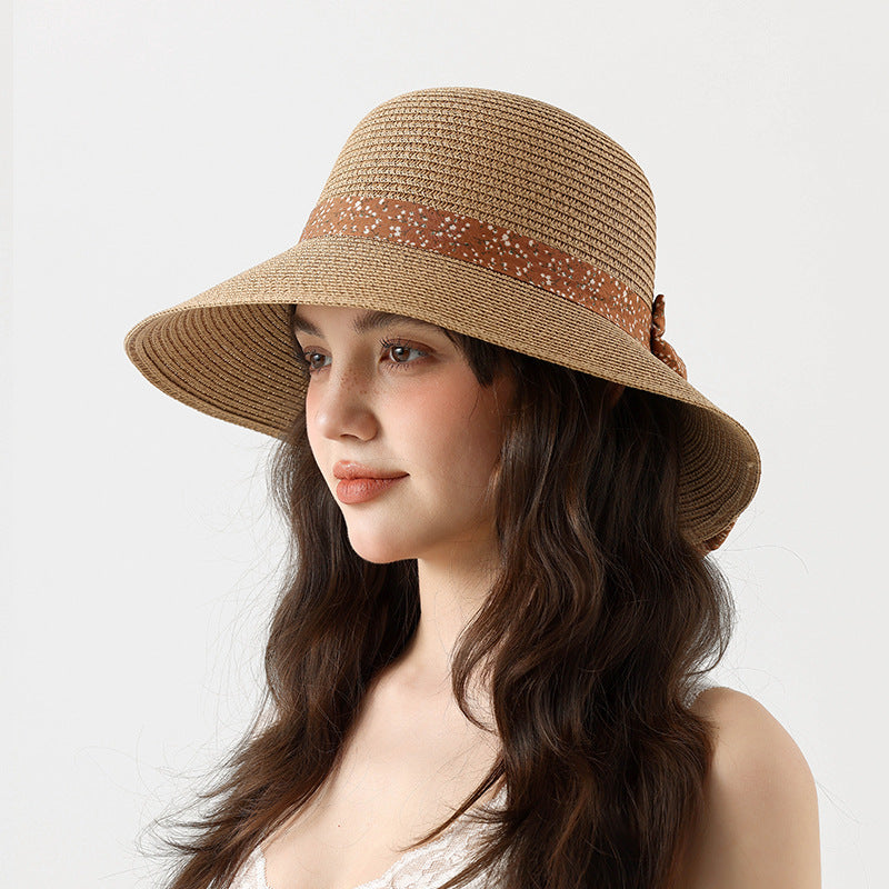 Summer Beach Sun Protection Straw Hat with Floral Bowknot