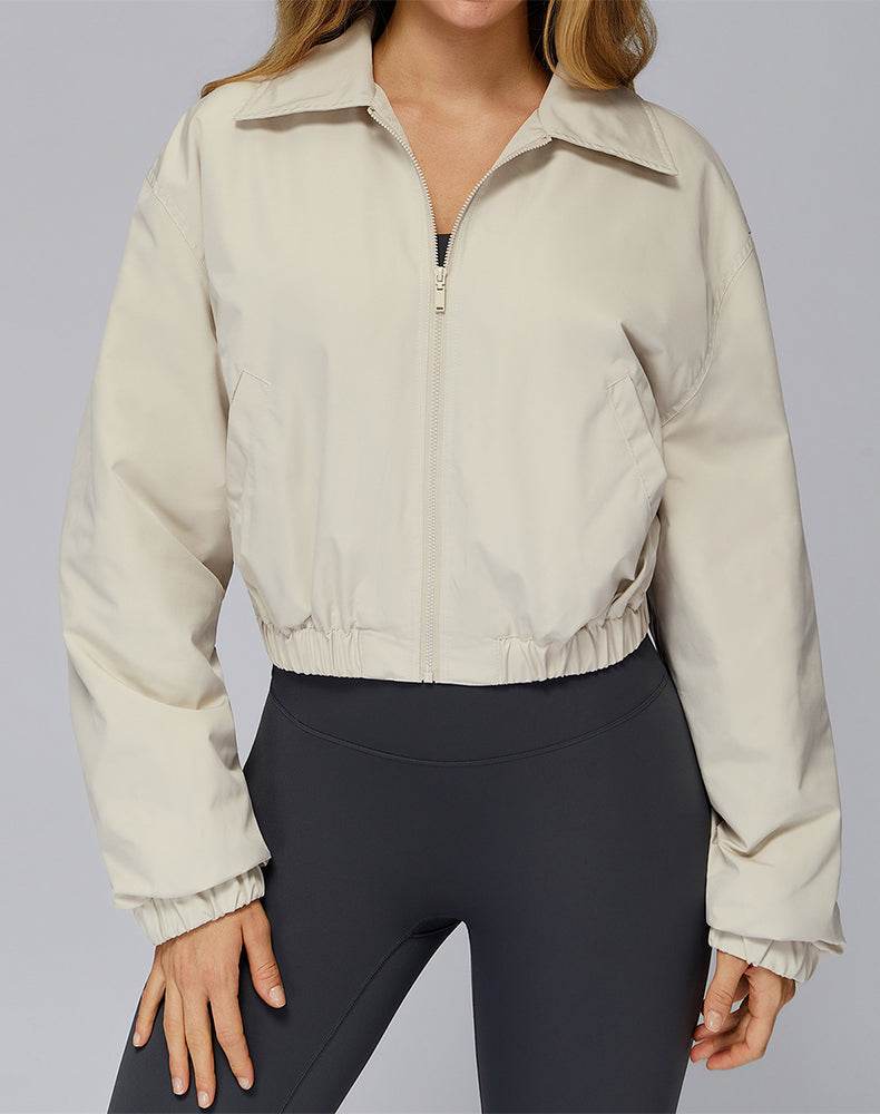 Stand Collar Casual Jacket Long Sleeve Tight Hem Crop Tops - Beige