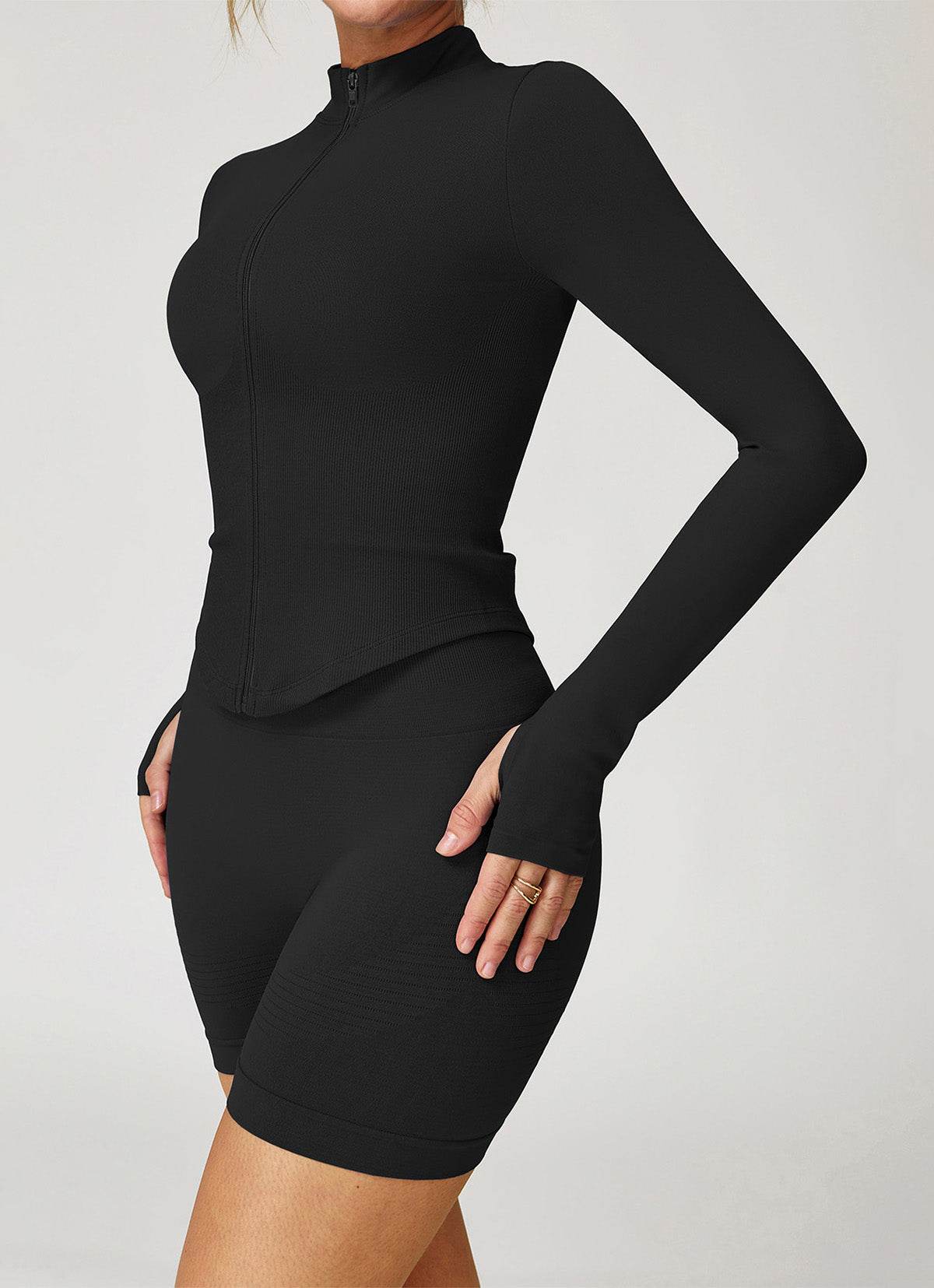 Full Zip Cropped Workout Jacket with Thumb Holes -