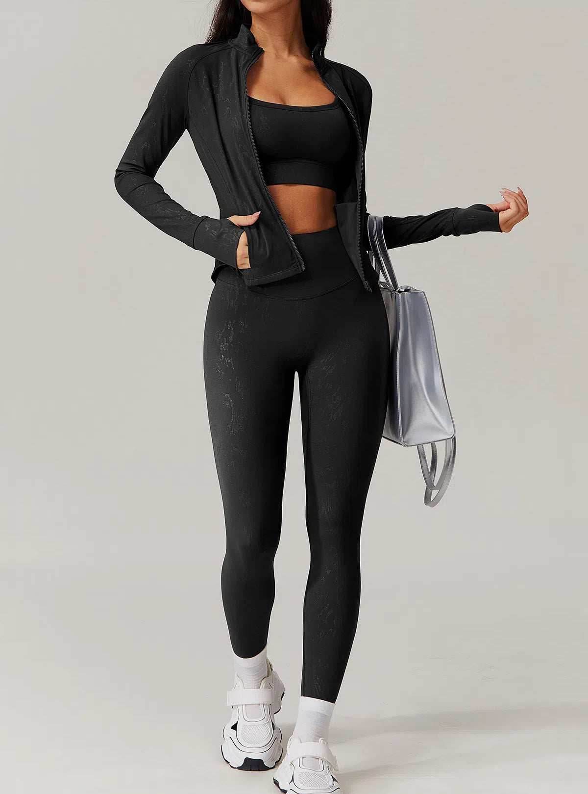 Sports Set with Full Zipper Long Sleeve Jacket and Leggings