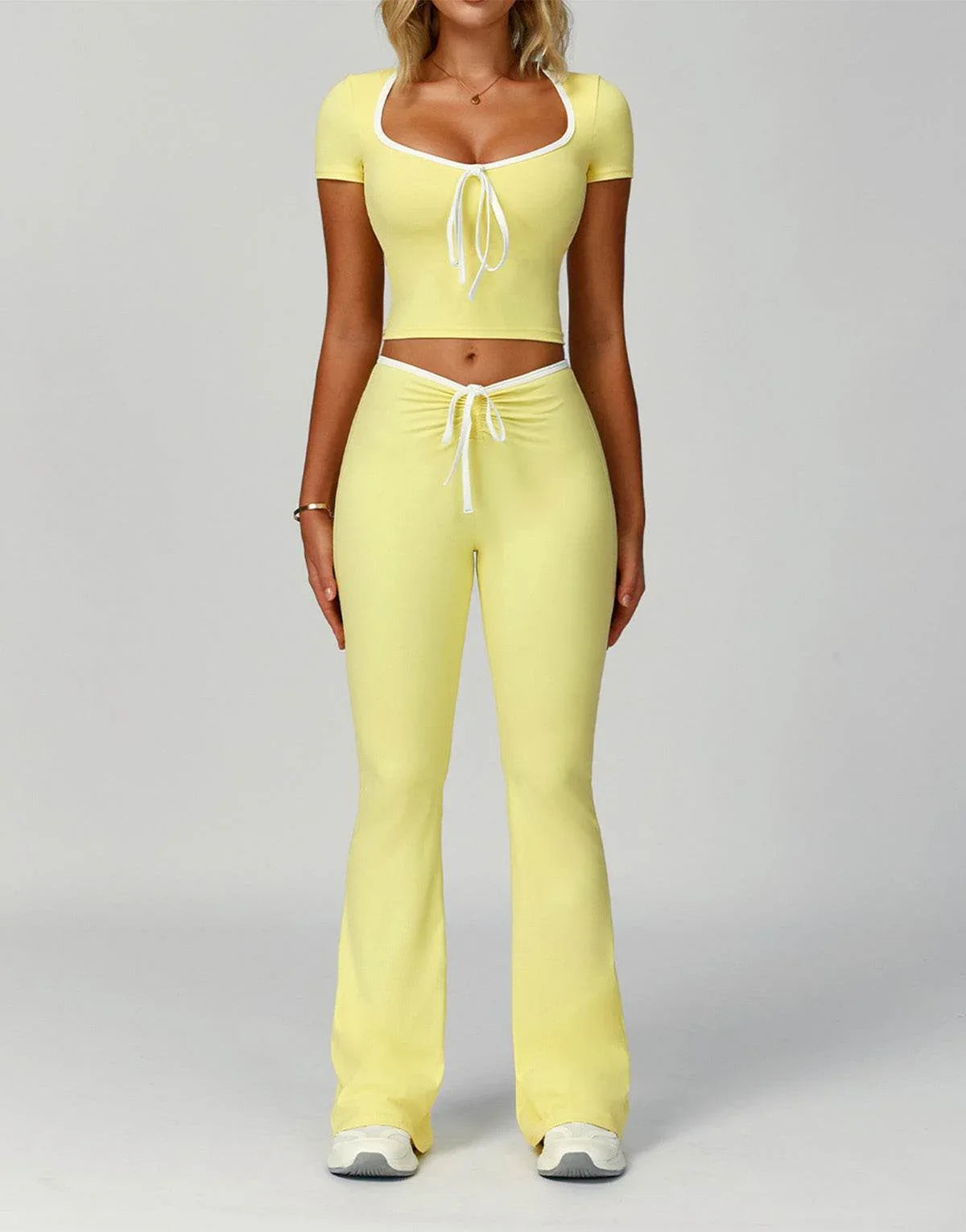 2 Pieces Activewear Set with Bow Crop Tops and Flare Pants - Yellow