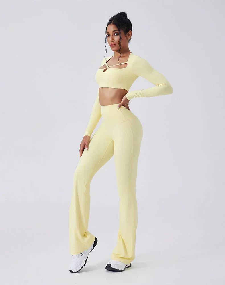 Activewear Set with crisscross thin strap Top and Flare Pant - Yellow
