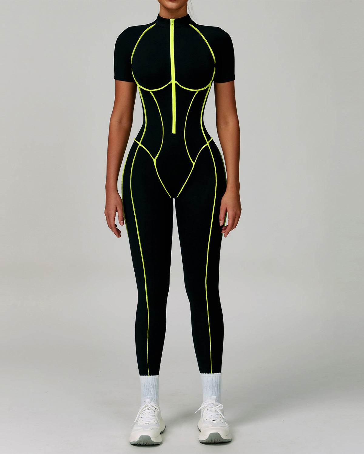 Three Dimensional Line Sports Backless Short Sleeve Jumpsuit