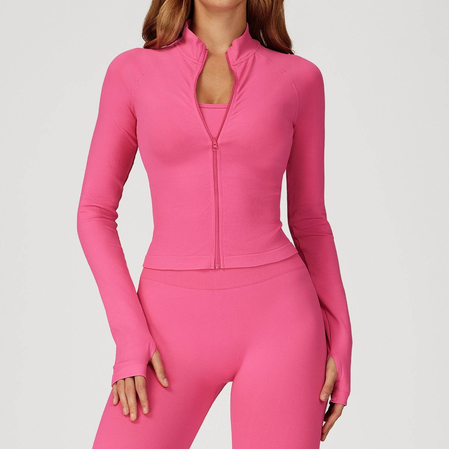 Zip Up Slim Athletic Jacket Yoga Crop Top with Thumb Hole - Rose Red