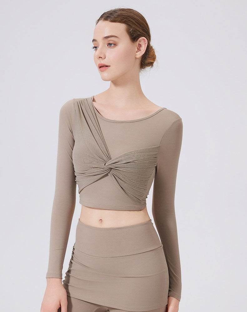 Mesh Twist Front Long Sleeve T-Shirts Round Neck Crop Tops - Almond