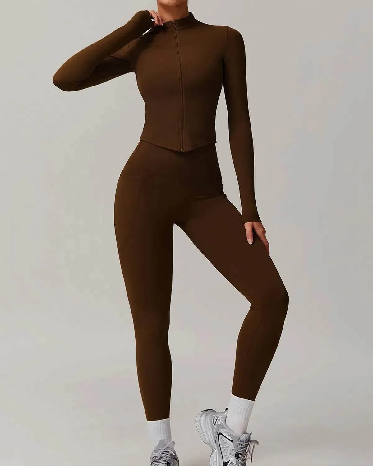 Solid Yoga Set With Sports Jacket and Legging - Birch Brown