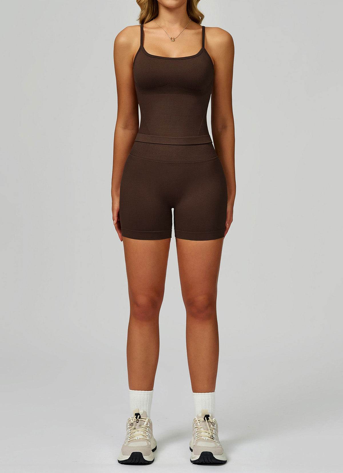 Sport Set with Color Block Tank Top and Short - Dark Brown