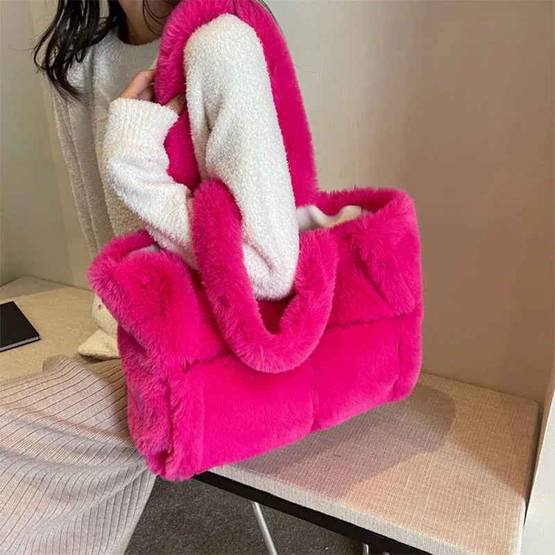 Winter Soft Plush Shoulder Handbag Bag Large Fluffy Tote Bag -