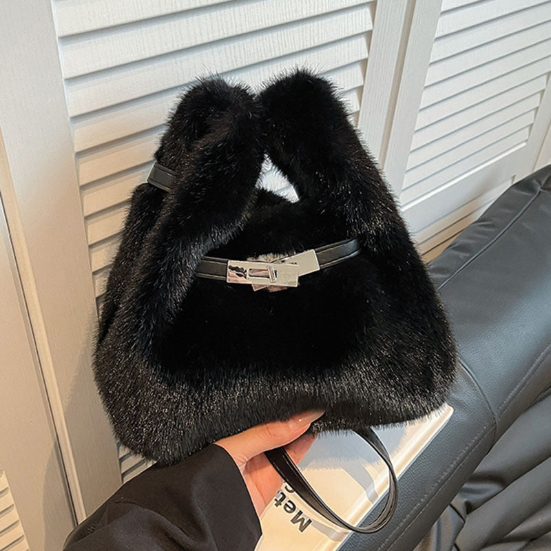 Fuzzy Shoulder Handbag Fluffy Plush Bucket Crossbody Bag