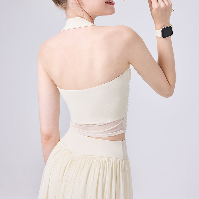 Halter Mesh Crop Tank Top Backless Slim Fit Sleeveless Shirt -