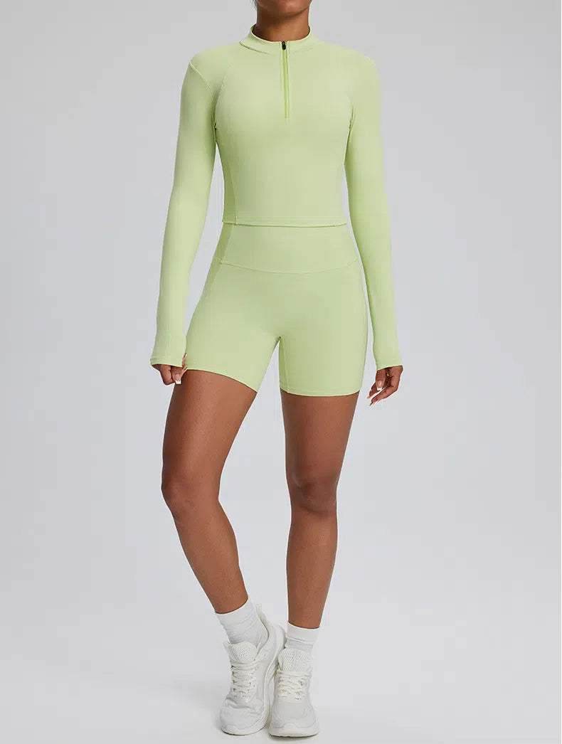 High Waist Fitness Set With Long Sleeve Shirt & Short