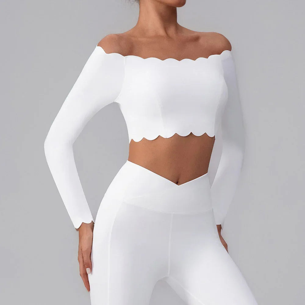 Off Shoulder Crop Tops Long Sleeve Shirt with Removable Cups -