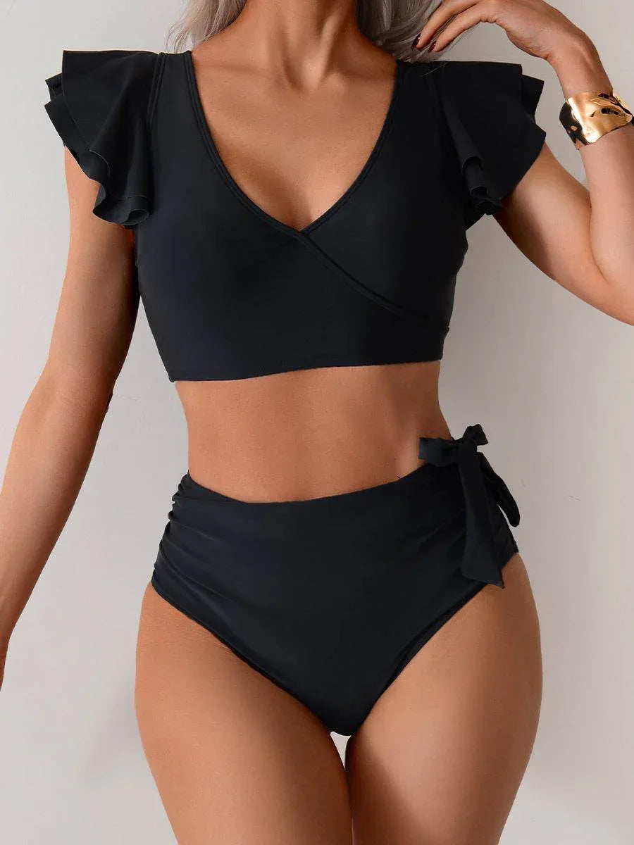 Ruffled Sleeves Color Block Bikini Sets -
