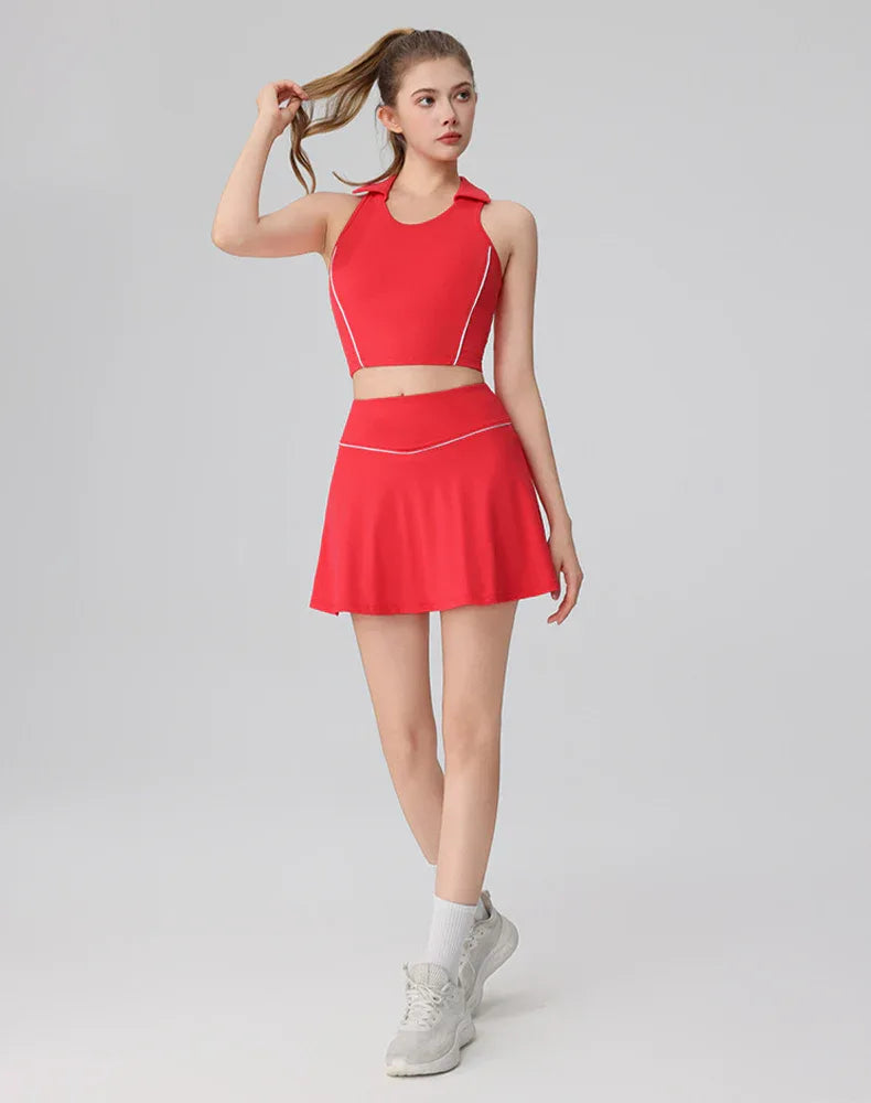 Tennis Sets with Polo Collared Crop Tank Top and Golf Skirt -