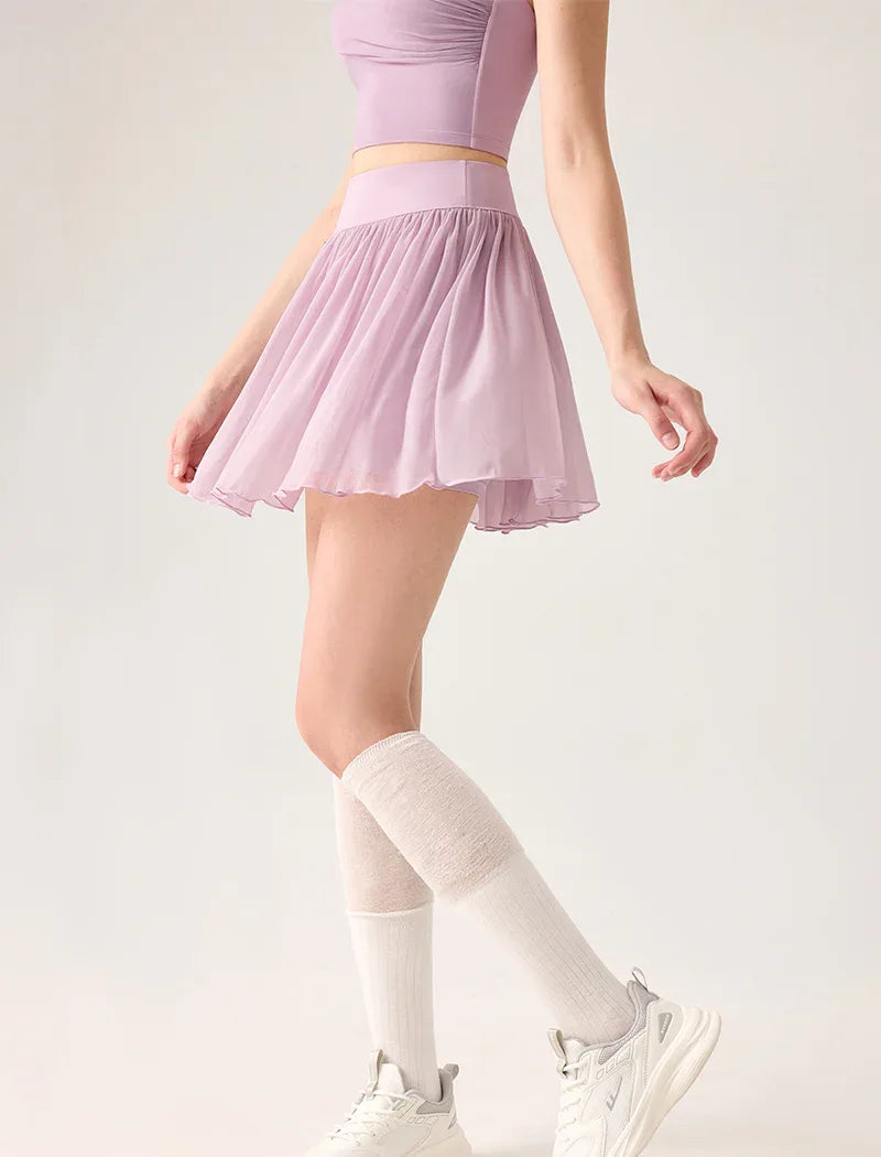 Mesh Sheer Pleated Skirt Tulle Skirt with Short and Pocket