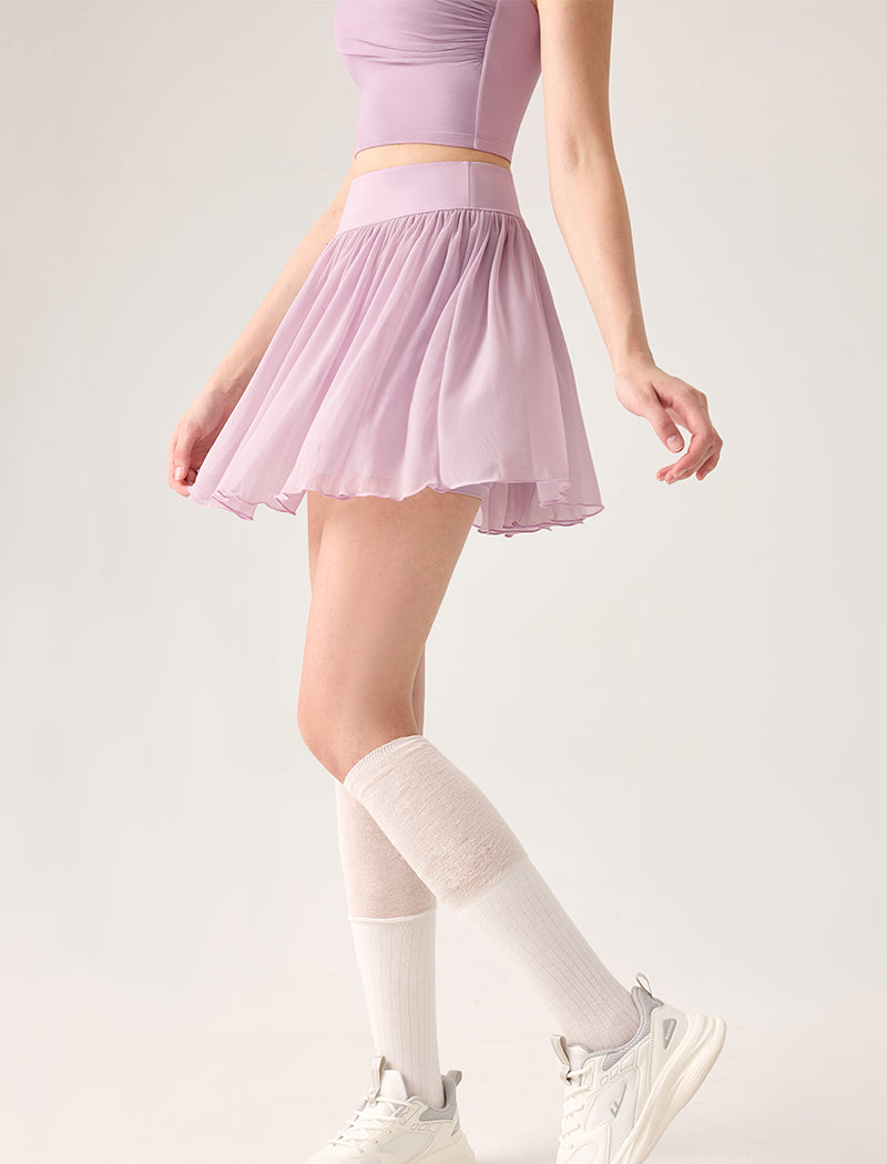 Mesh Sheer Pleated Skirt Tulle Skirt with Short and Pocket