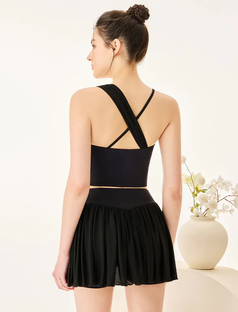 Mesh Tennis Set with Asymmetrical Strap Tank Top and Skirt -
