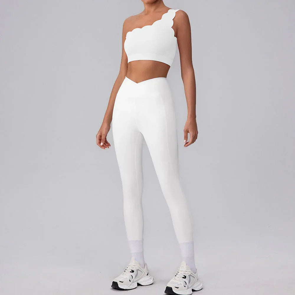Activewear Sets with One Shoulder Sports Bra and Leggings - White