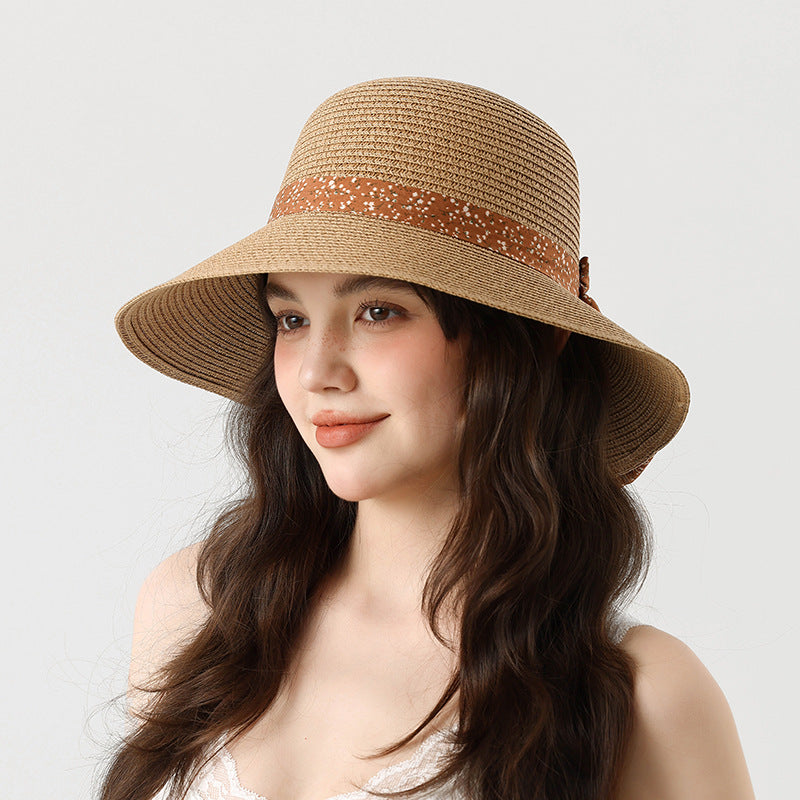 Summer Beach Sun Protection Straw Hat with Floral Bowknot