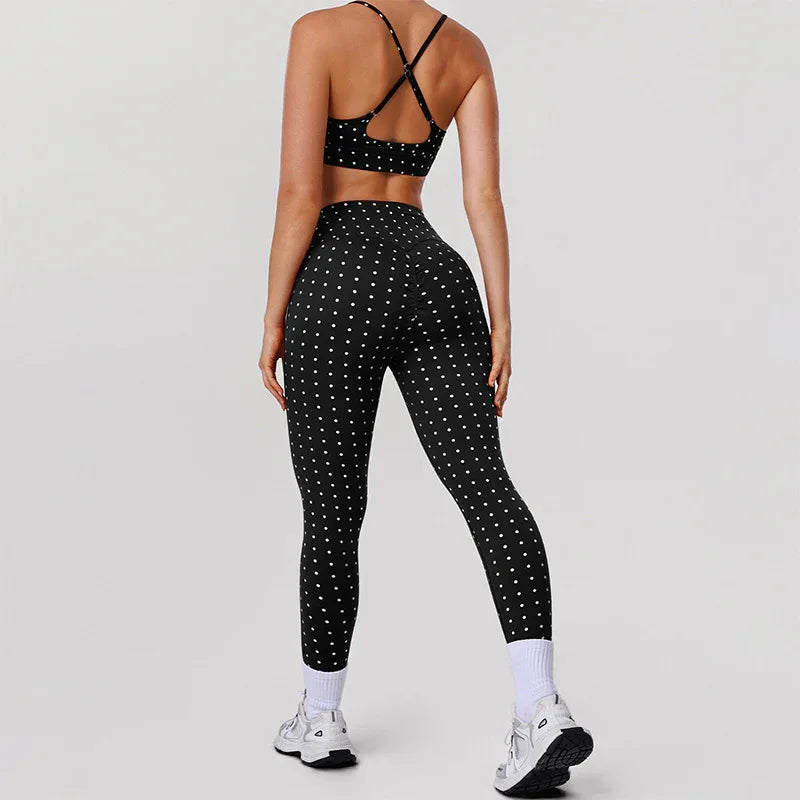 Silver Polka Dot Activewear Sets with Sports Bra and Legging -
