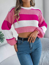 Colorblock Lantern Sleeve Crop Pullover Sweater