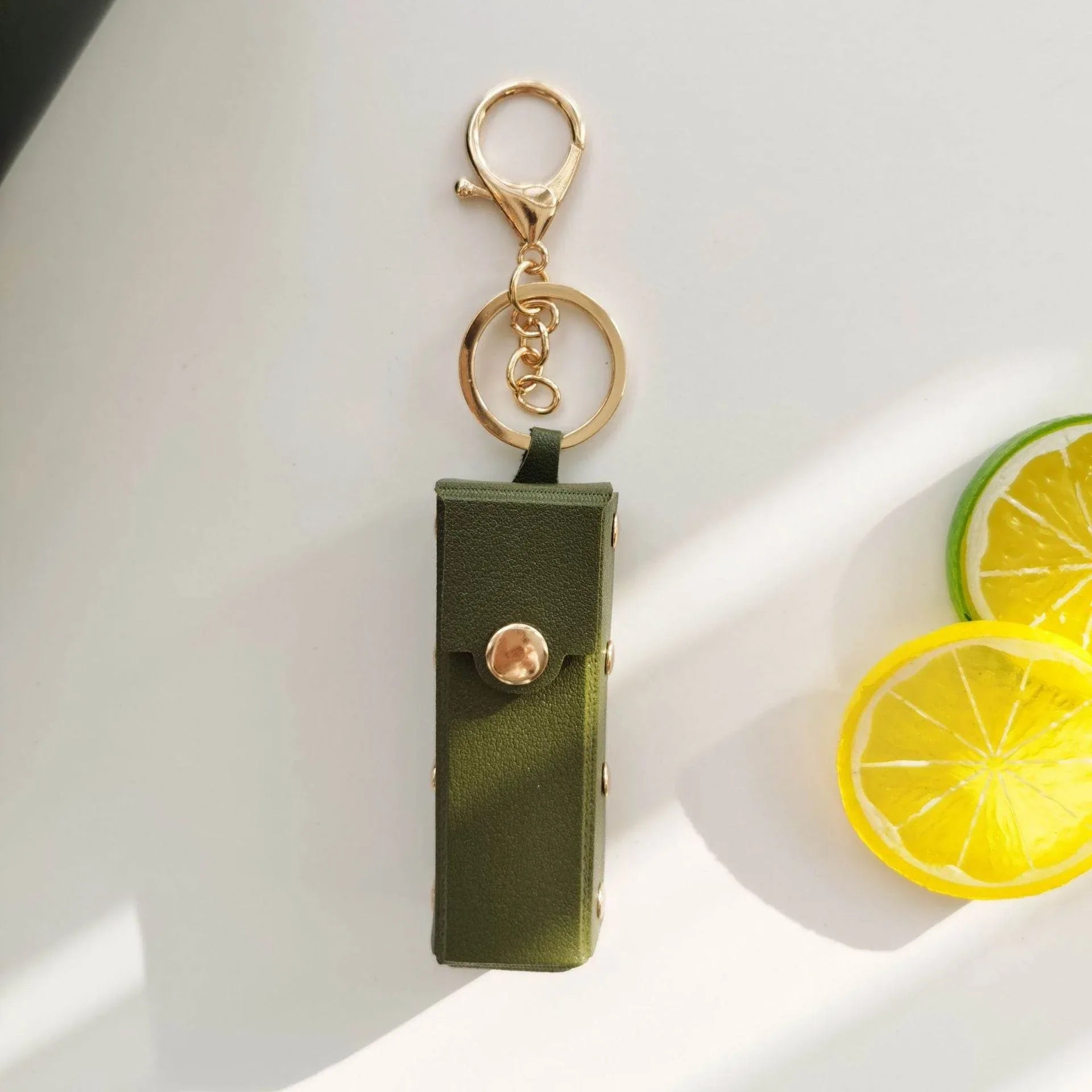 PU Leather Lipstick Holder Keychain - Army Green