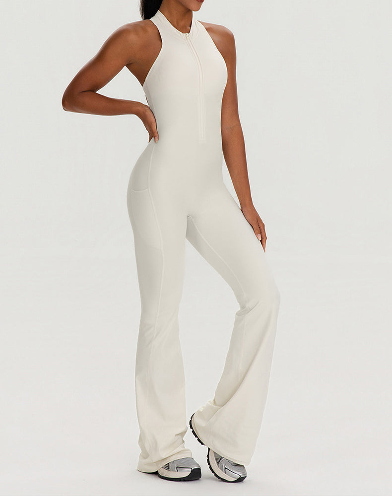 Zipper Racerback Yoga Bodysuit Flare Jumpsuit with Pockets