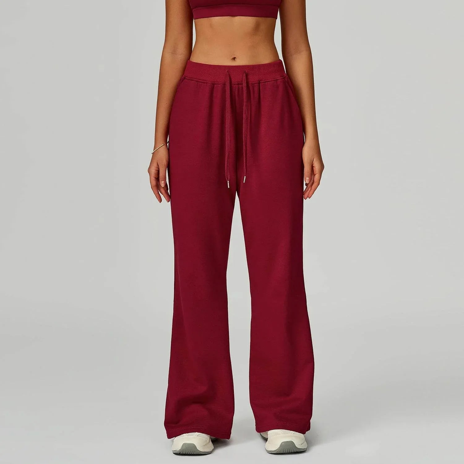 Drawstring Lounge Pants Straight Leg Joggers Trouser - Cherry Red