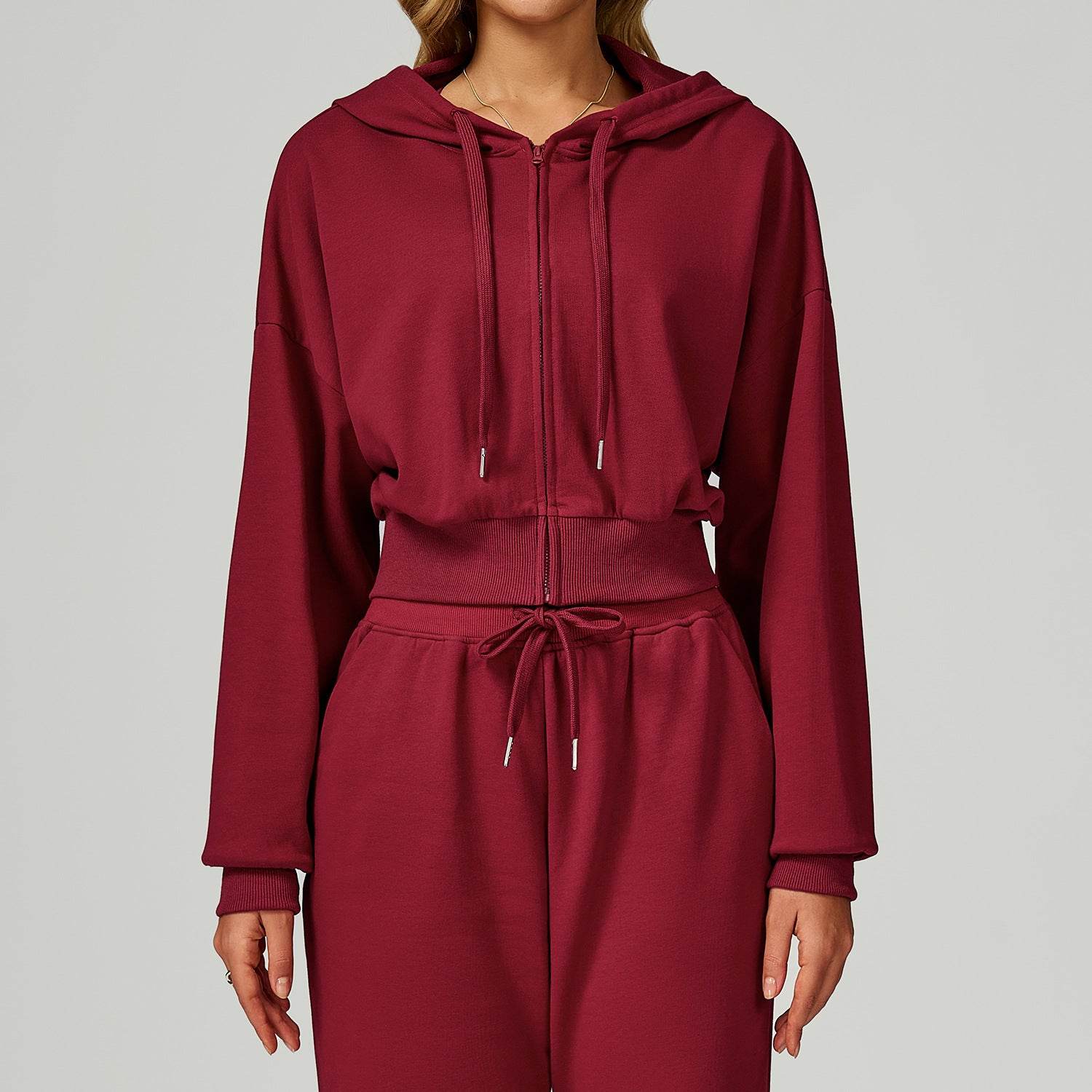 Long Sleeve Full Zip Up Crop Drawstring Hoodie Jacket