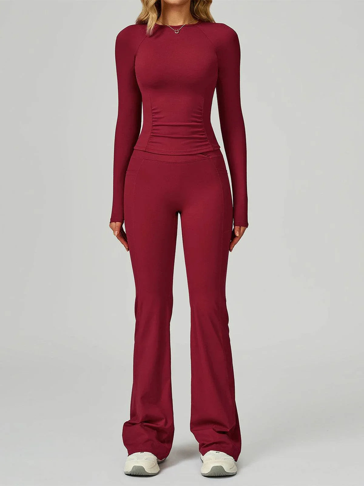 Sport Set with Long Sleeve Crew Neck T-Shirt and Flared Pant - Cherry Red