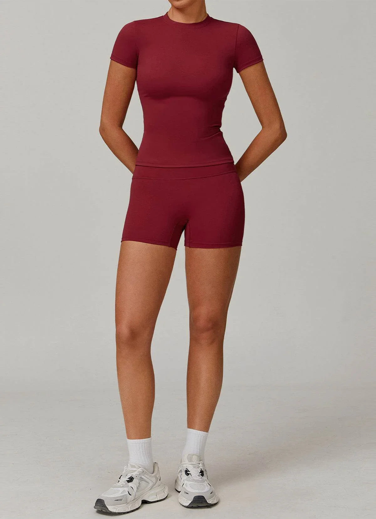 Sports Wear with Short Sleeve T-Shirt and Shorts - Cherry Red