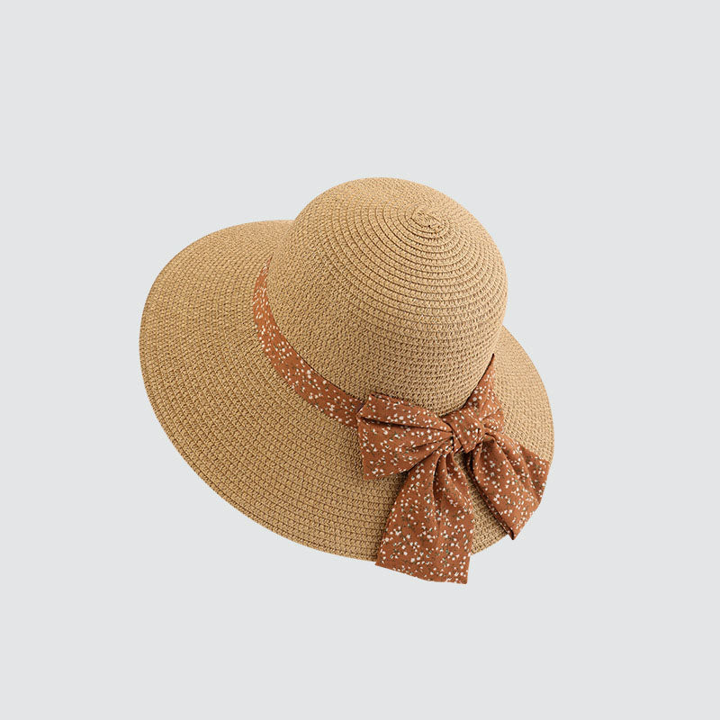 Summer Beach Sun Protection Straw Hat with Floral Bowknot