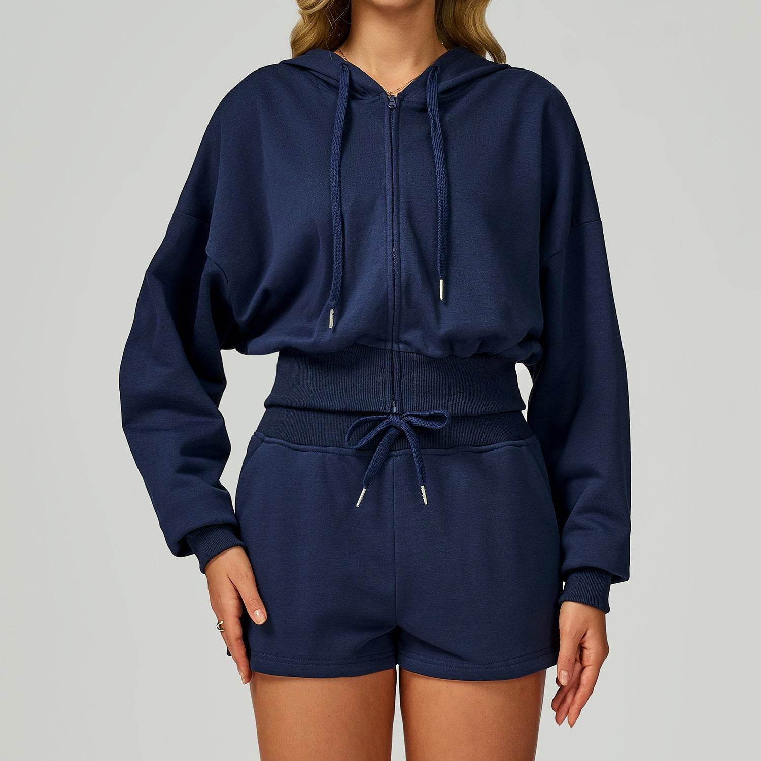 Long Sleeve Full Zip Up Crop Drawstring Hoodie Jacket