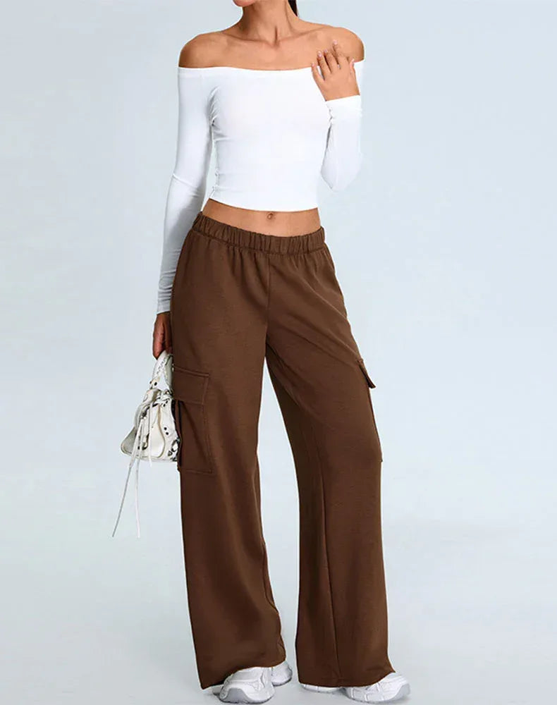 Activewear Set with Off-Shoulder Top and Sweatpant - White Coffee