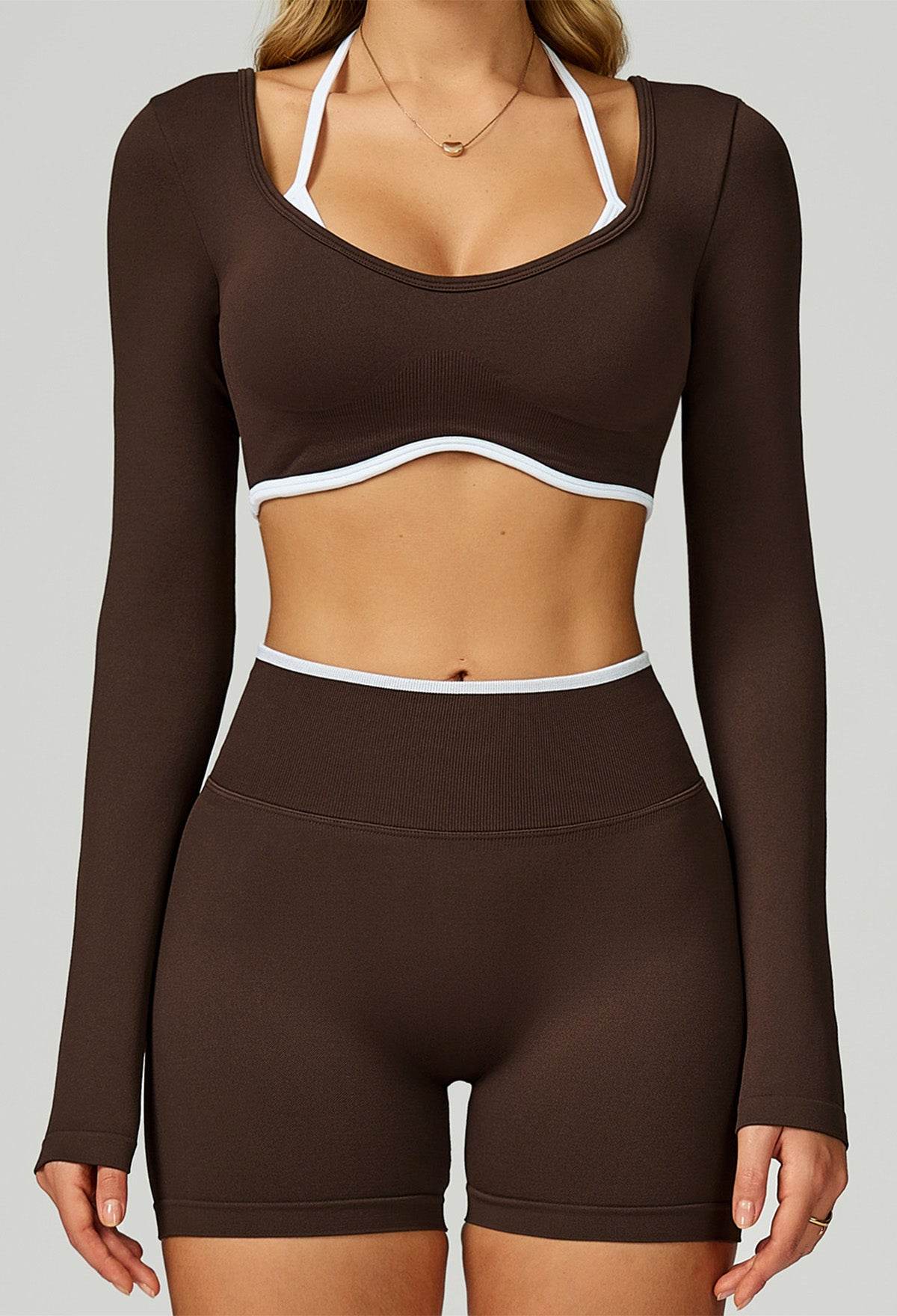 Sport Set with Color Block Long Sleeve T-Shirt and Short - White Coffee