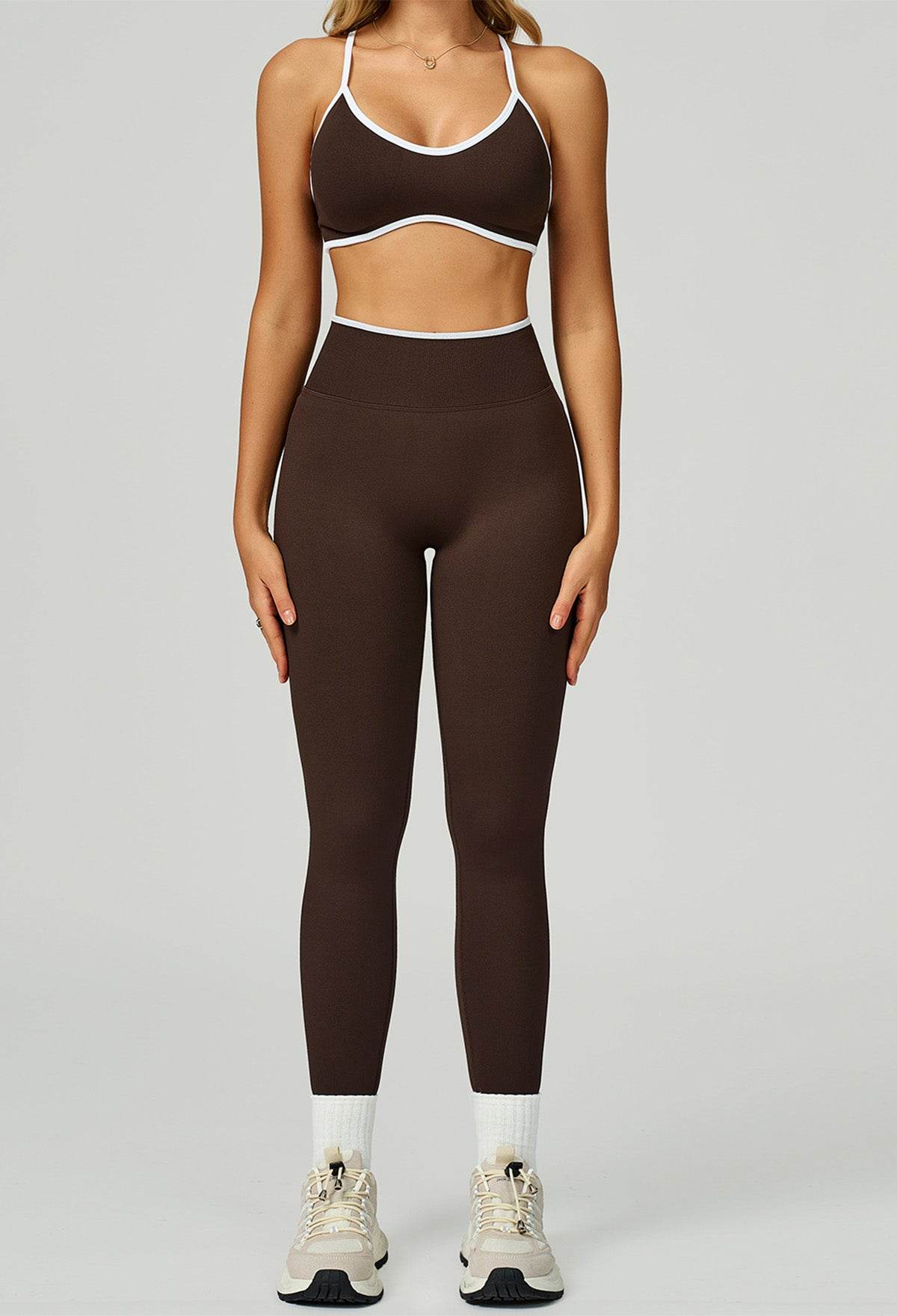 Sport Set with Color Block Sports Bras and Legging - White Coffee