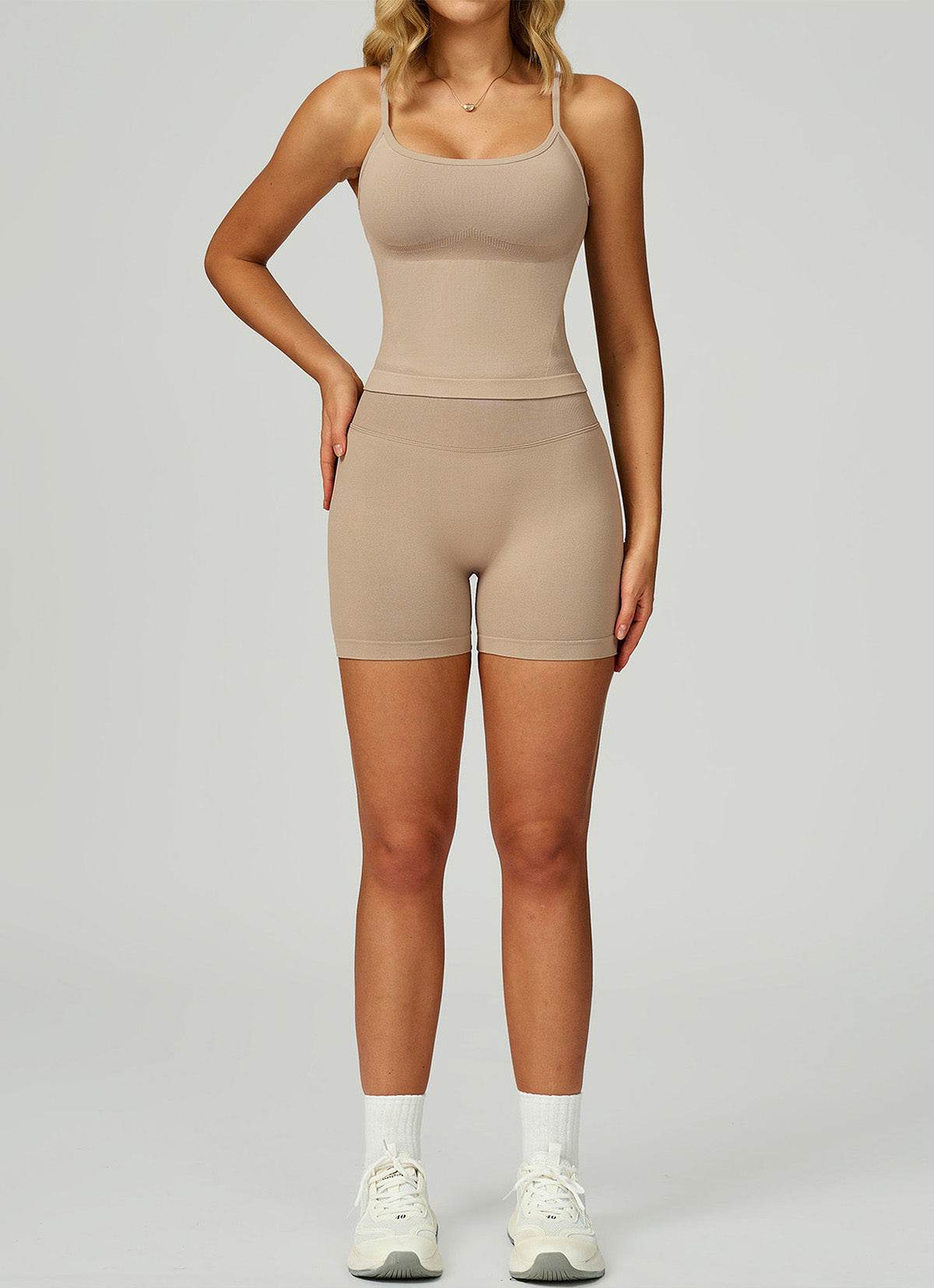 Sport Set with Color Block Tank Top and Short - Khaki