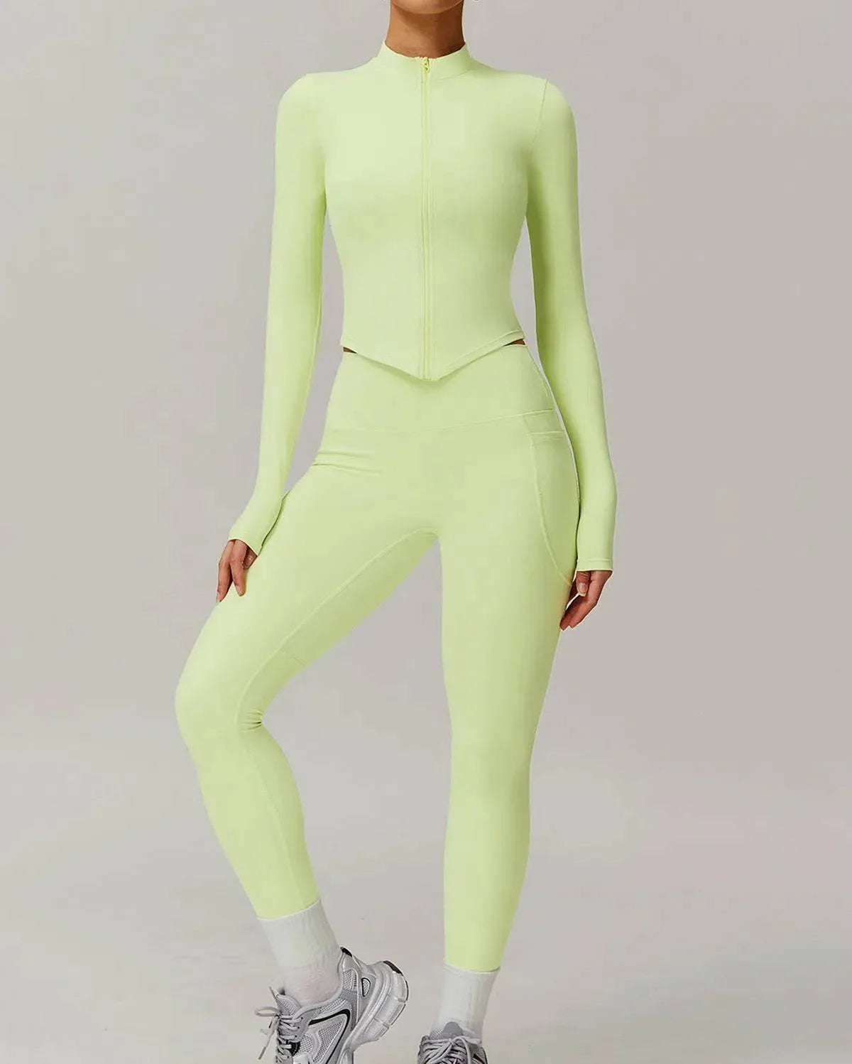 Solid Yoga Set With Sports Jacket and Legging - Light Yellow Green