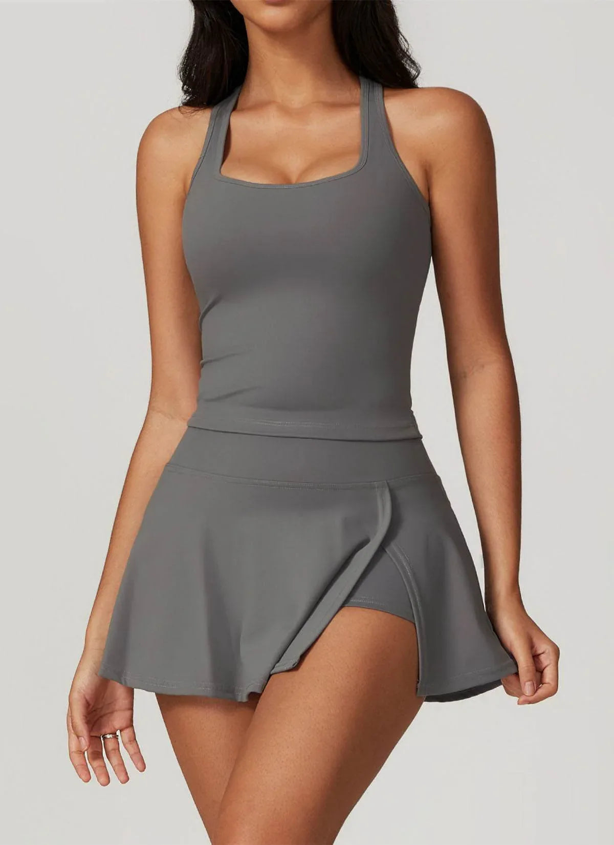 Athletic Set with Racerback Vest and A-line Skirt - Gray