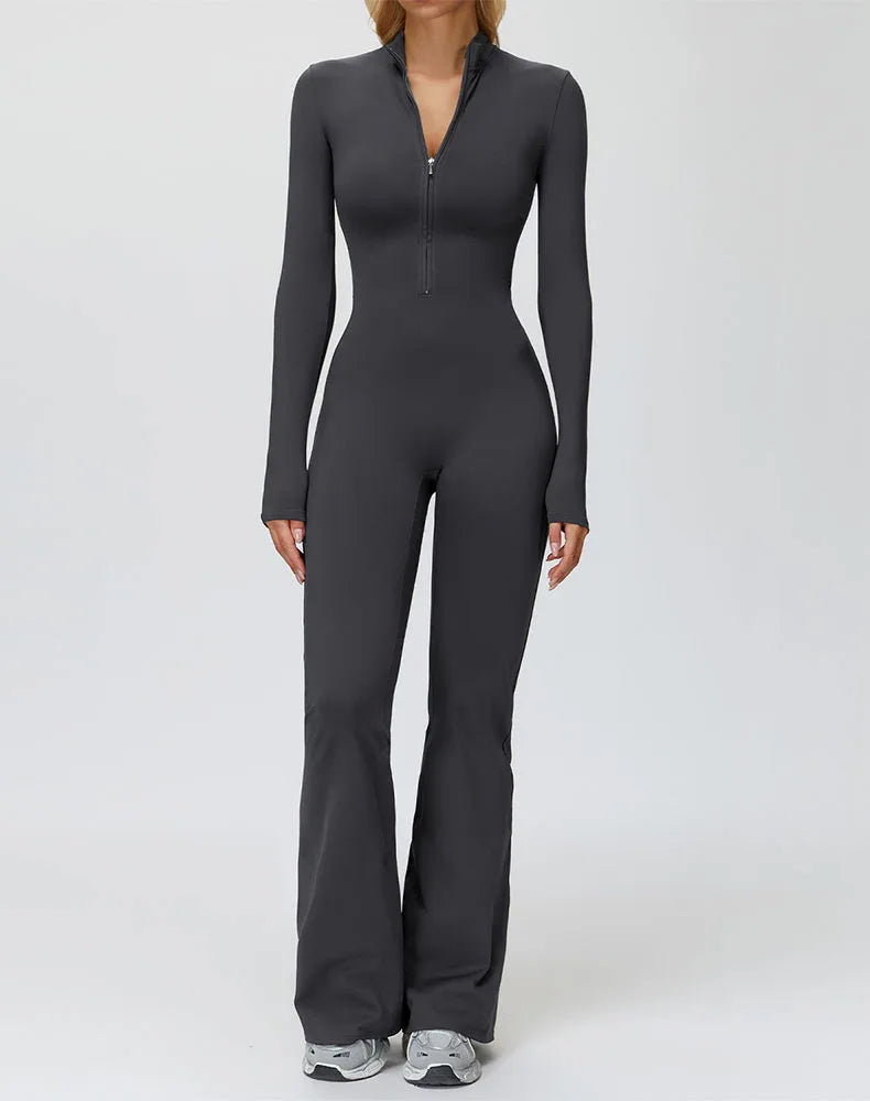 Long Sleeve Flare Workout Jumpsuit Zip Up Wide Leg Bodysuit - Gray