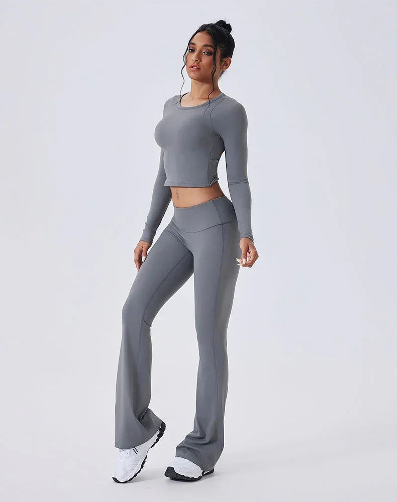 Activewear Set with Backless Top and Low-Waisted Flare Pant - Gray