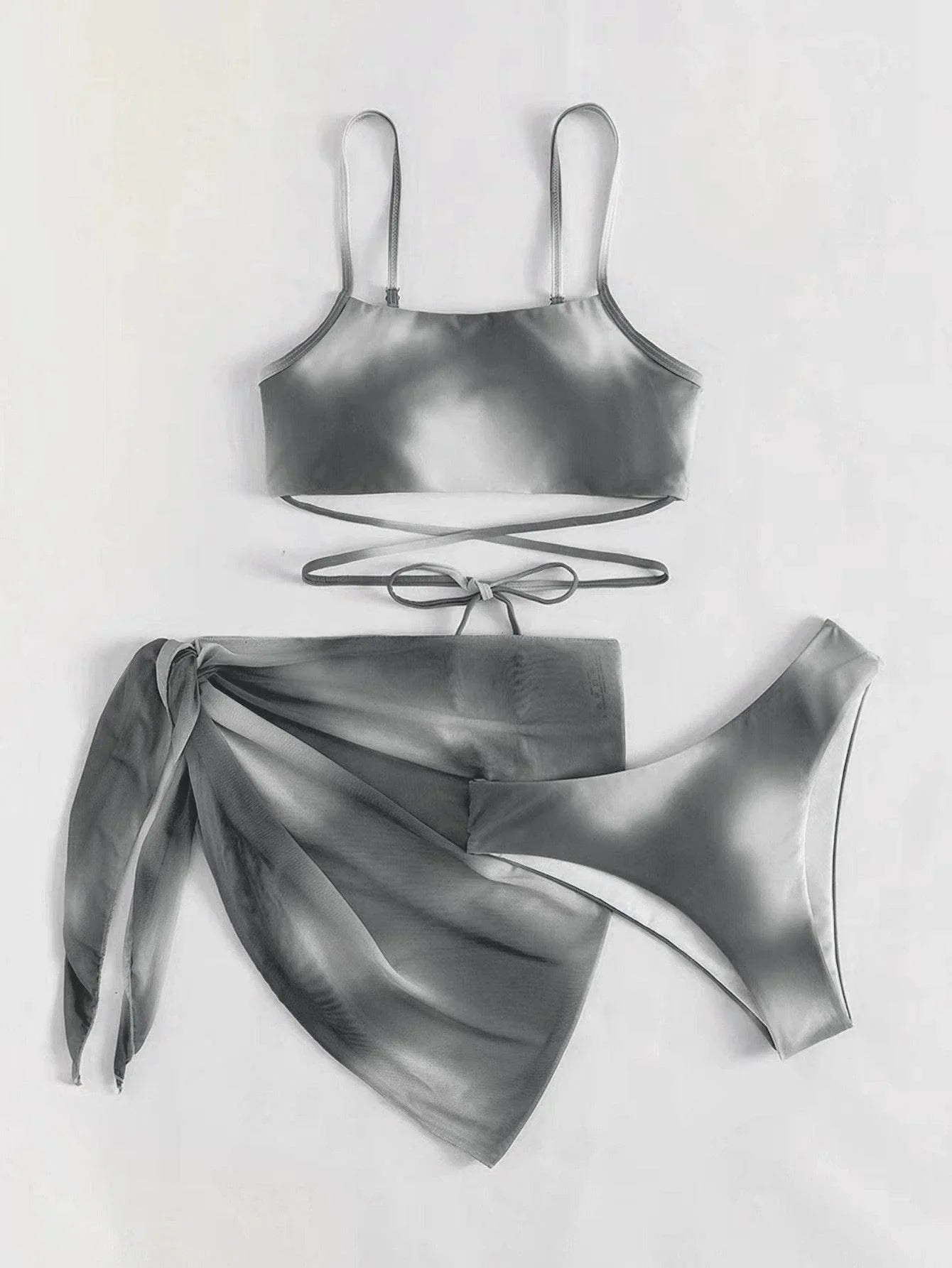 3 Piece Tie-Dye Bikini Cover Up Set - Gray