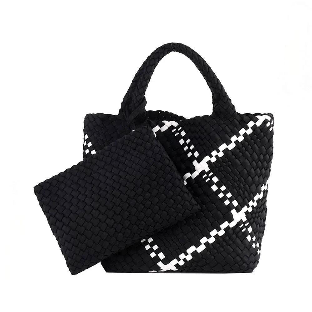 Woven Tote Bag and Purse Neoprene Handbag - Black and White