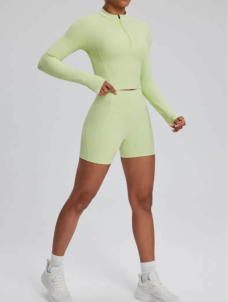 High Waist Fitness Set With Long Sleeve Shirt & Short