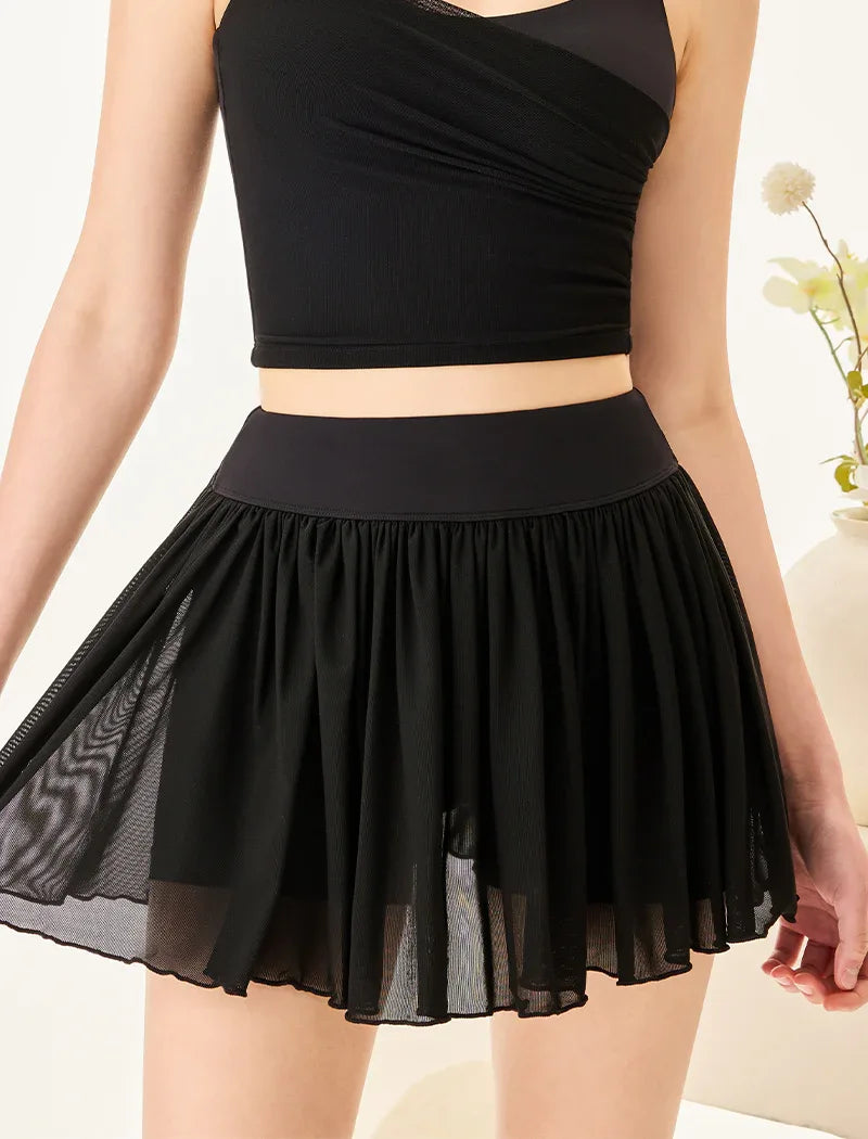Mesh Sheer Pleated Skirt Tulle Skirt with Short and Pocket