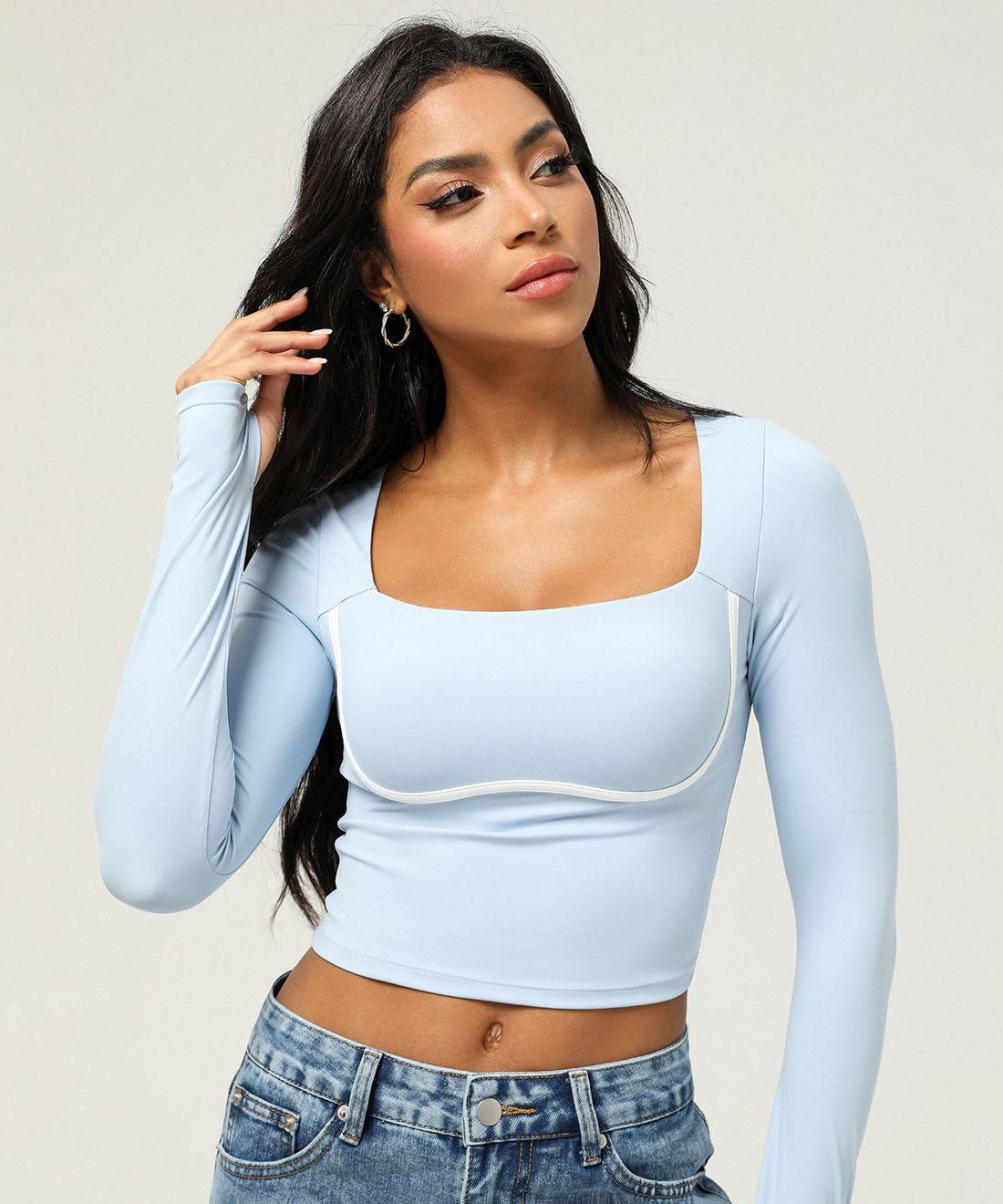 Square Neck Long Sleeve Slim Fitted Crop T-Shirt