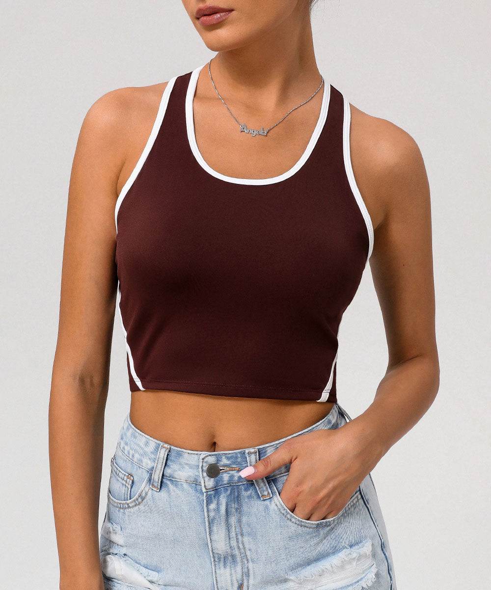 Workout Crop Tank Tops Racerback Bra with Chest Pads - Chocolate Brown