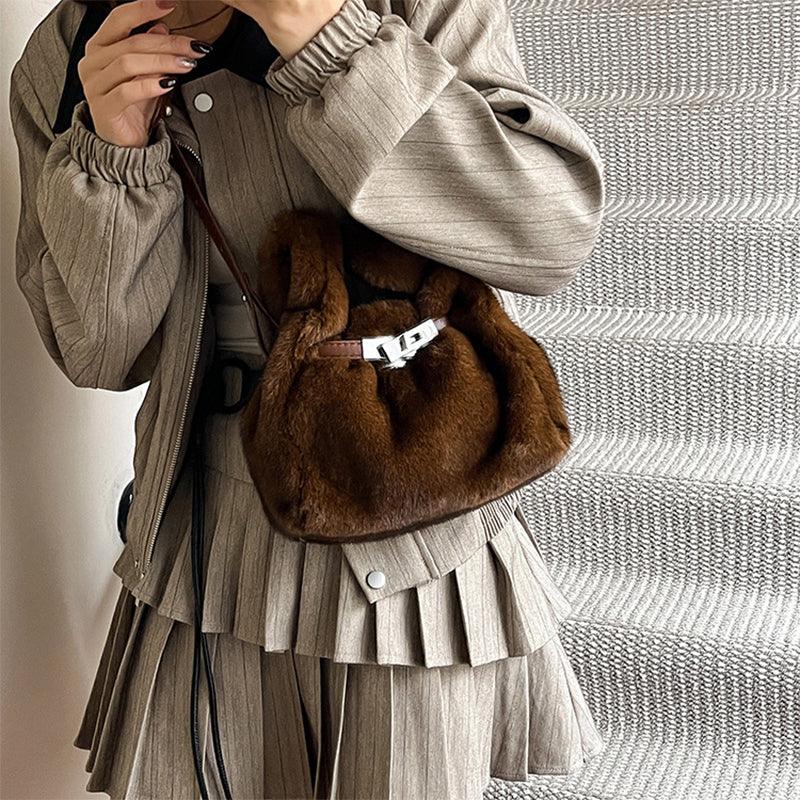 Fuzzy Shoulder Handbag Fluffy Plush Bucket Crossbody Bag -