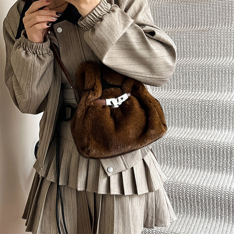 Fuzzy Shoulder Handbag Fluffy Plush Bucket Crossbody Bag